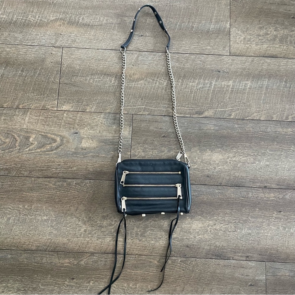 Rebecca Minkoff black and gold chain leather 5 zip moto crossbody purse - medium